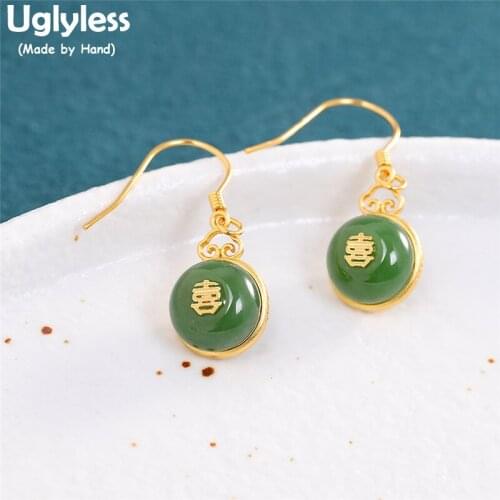 Uglyless Peace Button Natural Jasper Green Jade Earrings for Women Real Gold Brincos 925 Silver Double XI China Chic Retro Jewel
