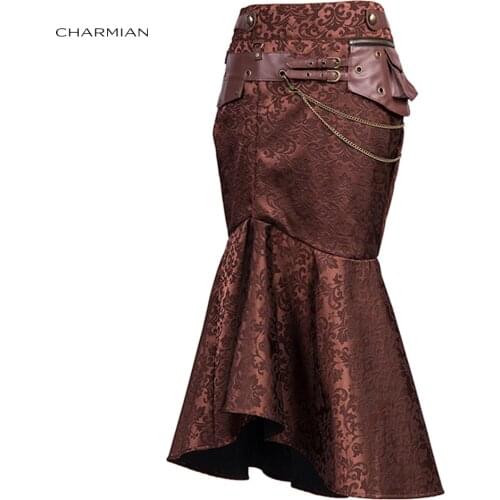 Charmian Vintage Victorian Goth Steampunk Skirts for Women Brown Pouch Chain Sexy Slim Evening Party Long Fishtail Skirt