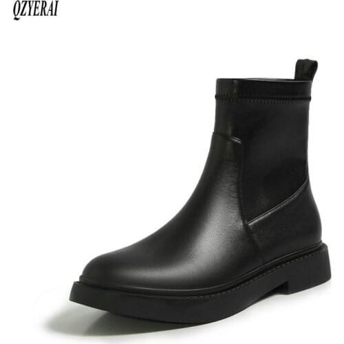 QZYERAI black Riding boots Genuine leather Female boots With low Womens boots Head layer cowhide Womens shoes Size 34-40