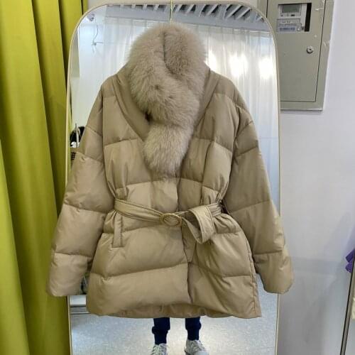 Real Fox Fur Collar Bib White Duck Down Jacket Winter Women FashionV-Neck Lace-up High Waist Short Down Coats Korean Female Coat