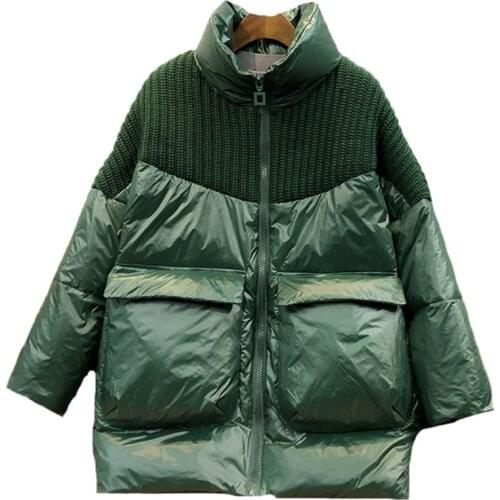 2020 winter mid-length female loose warm wool stitching fashion down jacket profile white duck down jacket Skirt Zipper Solid