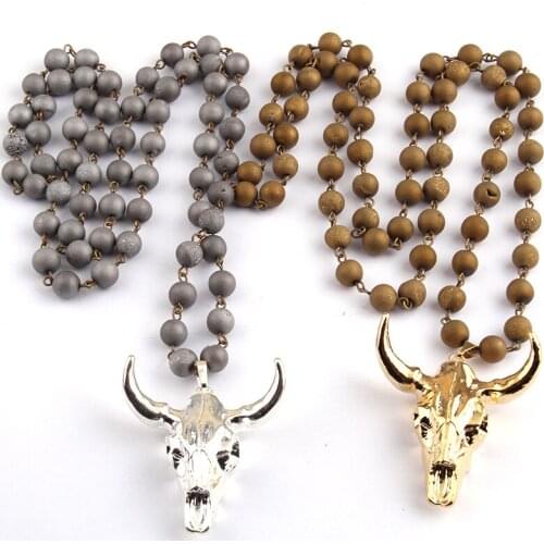 Free Shipping Fashion Bohemian Jewelry Rosary Chain Natural Druzy Link Horn Necklaces Women Lariat Necklaces