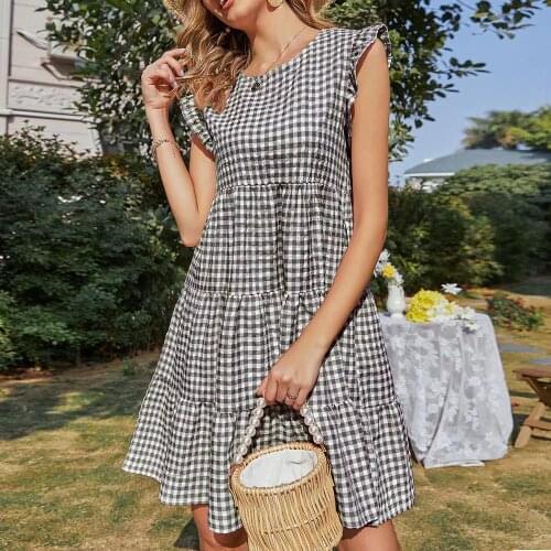 Summer Dress Female Ruffles Plaid Dresses Femme Robe Womens Clothing 2021 Round Neck Stitching Sleeves Dress For Woman Vestidos