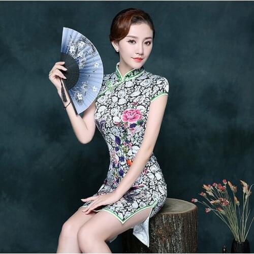 Womens Sexy Formal Rayon Cheongsam Flower Mandarin Collar Qipao Traditional Short Sleeve Oriental Evening Party Vintage Dress