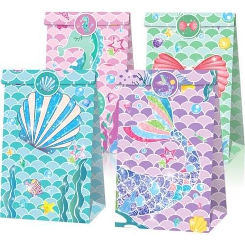 12pcs Little Mermaid Candy Box Cookie Gift Paper Bag Send Stickers Girl Birthday Party Dessert Wrapper Baby Shower Deco Supplies