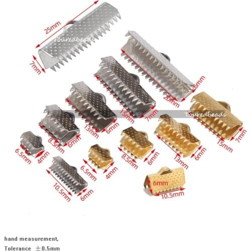 20pcs Stainless Steel Gold Ribbon Textured Clip Clamp Cord Crimp End Cap Tip Bracelet Connector Findings with Teeth 6 SIZES