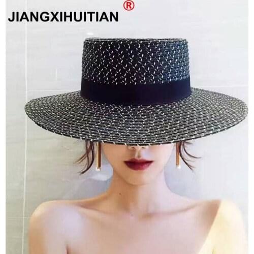 2017 summer Fashion Hepburn Wind Black White Striped Bowknot Summer Sun Hat Beautiful Women Straw Beach Hat Large Brimmed Hat