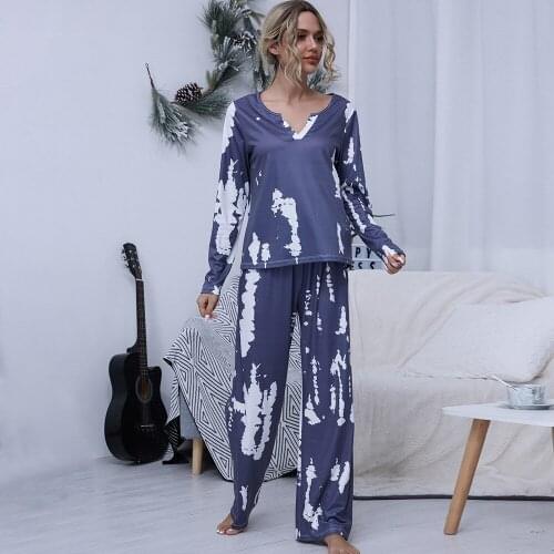 2021 Spring Style European American Printed Casual Plus Size Womens Clothing Tie-dye V-neck Pullover Two-piece Home Wear Women