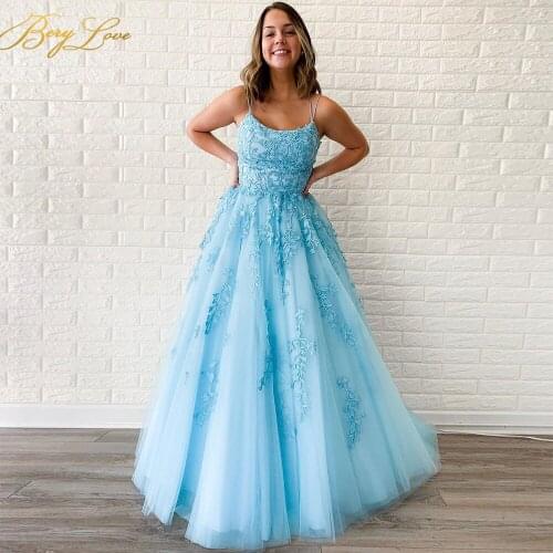 Berylove A line Ball Gown Prom Dresses Evening Dress Long Spaghetti Strap Back Tie Vestidos de cóctel Solid Tulle Flower Print