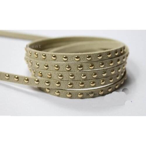 Free Ship 100 meters 5mm Khaki Suede Leather Cord With Gold Studs, 5mm Flat Suede Leather
