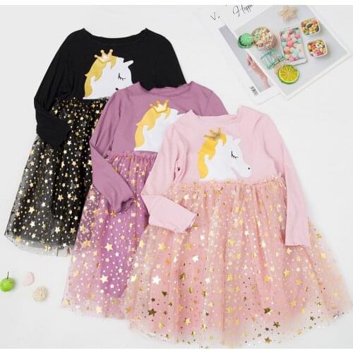 Unicorn Dress for Girls Kid Long Sleeve Sequins Cartoon Unicorn Princess Tulle Dress Birthday Party Wedding Dress for Bridesmaid
