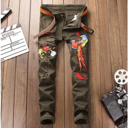 Embroidery Army Green Phoenix jeans mens original design New Europe and America style fashion Hipster Hole Mens slim pants
