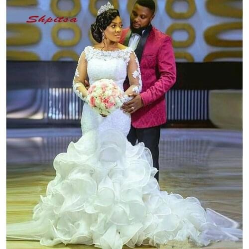 Long Sleeve Lace Mermaid Wedding Dresses Plus Size Sexy Women Girl White Ivory African Bride Bridal Dresses Wedding Gowns