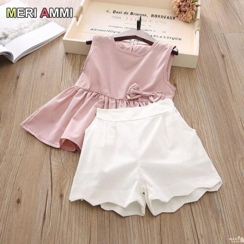MERI AMMI 2 pcs Clothing Set Children Girl Outfit Bow knot Tee +Shorts Outwear For 2-7 Year Baby Girl
