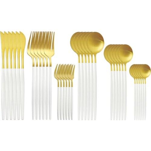 36pcs Matte White Gold Dinnerware Cutlery Set Stainless Steel Tableware Cake Fork Tea Spoon Knife Kitchen Flatware Set