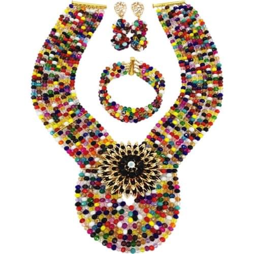 New Muticolors Crystal Costume Nigerian African Wedding Beads Jewelry Necklaces Set Bridal Beads Sets 8PD10