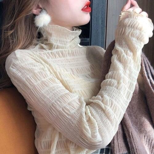 2020 autumn winter women blouse shirt korean style design sense half-collar lace mesh bottoming tops pleated retro sexy clothes