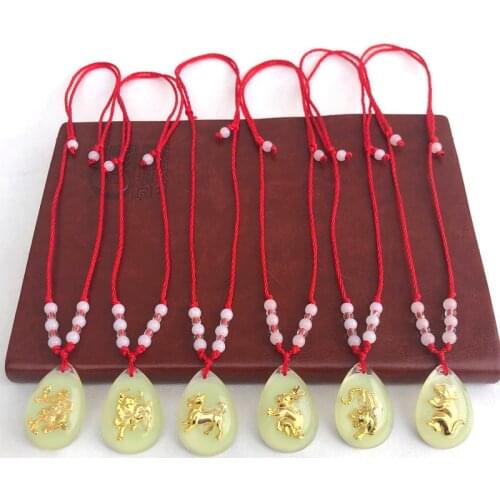 Green Light Necklaces Men Luminous Water Drop Crystal 12 Chinese Zodiac Pendant Necklace Adjustable Red Rope Chain Women Jewelry