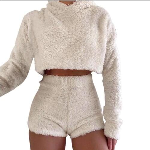 Women Sleepwear Autumn Winter Pajamas Fashion Long Sleeve Solid Color Plush 2-piece Suit Homewear Hooded Sexy Nightwear