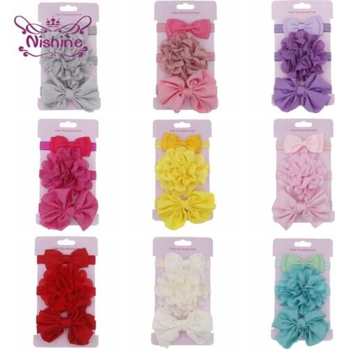 Nishine 3pcs/lot Chiffon Hollow Out Big Flower Baby Girl Hair Band Bows Kids Hairband Newborn Toddler Hair Accessories Set