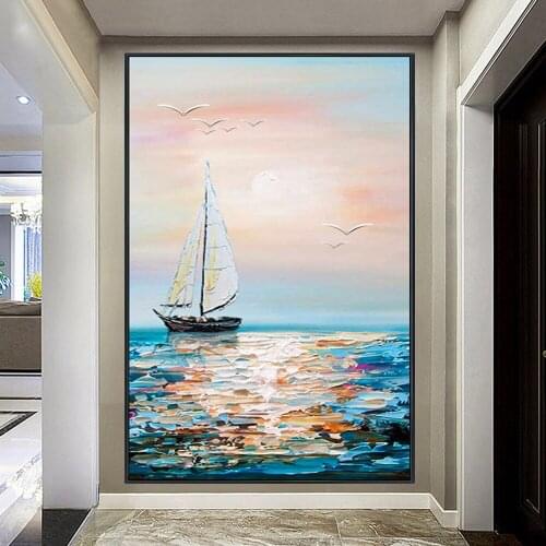 Hand-Painted Seascape Abstract Oil Painting Modern Home Decor Wall Art Landscape Canvas Paintings Boat Sunset Frameless picture