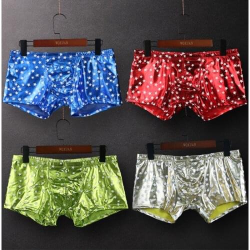 Sexy Gay Underwear Men Boxer Shorts Faux Leather Panties Man Star Low Waist U Convex Pouch Underpants Cueca Calzoncillo S-XL