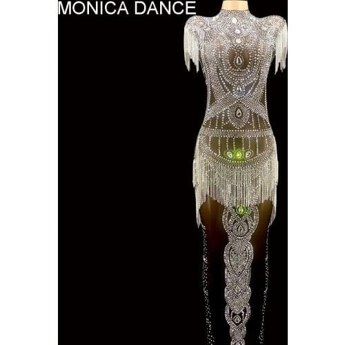 Sexy Luxurious Silver Crystays Fringes Black Mesh Transparent Dress Evening Birthday Celebrate Costume Stretch Flashing Dress