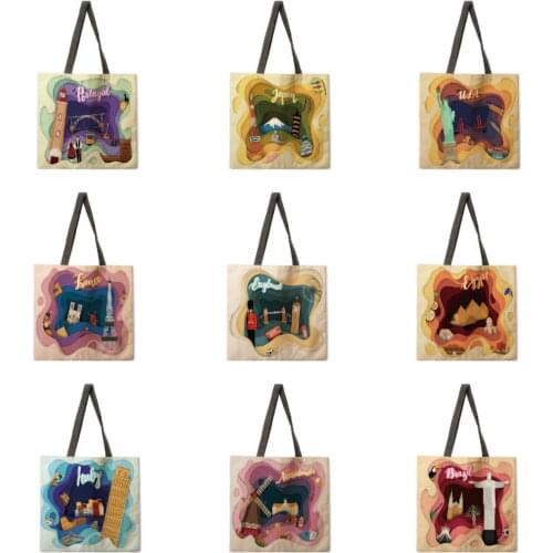 Outdoor shopping bag Three-dimensional architectural printing handbag Ladies casual handbag Shoulder bag Fashion beach bag