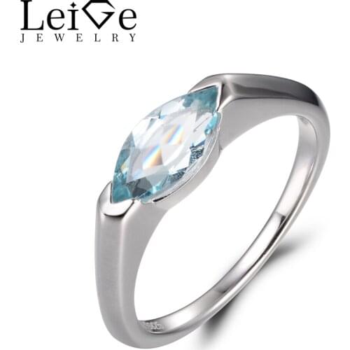 LeiGe Jewelry Natural Blue Aquamarine Rings Engagement Rings March Birthstone Rings Marquise Cut Blue Gems 925 Sterling Silver
