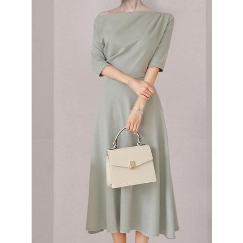ZAWFL 2021 Spring Solid Color Elegant Party Dress Sexy Slash Neck Half Bat Sleeve Simple Oversized Loose Hem Womens Dresses