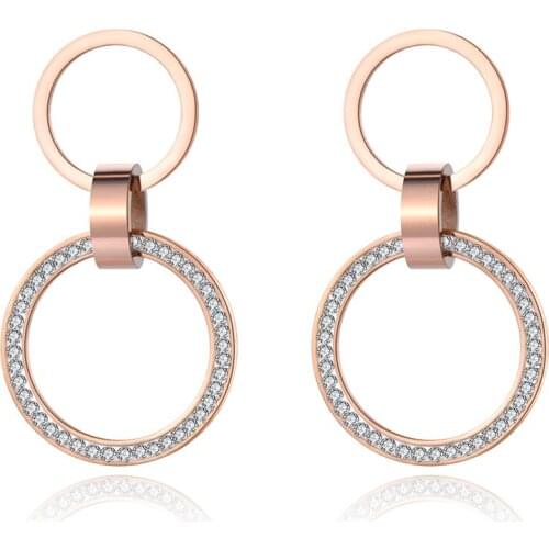 Fashion Double Circle Stainless Steel Stud Earrings Rose Gold Handmade Clay White Crystals Ear Jewelry For Women JE19010