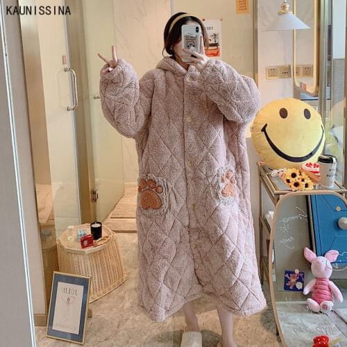 Women Cartoon Flannel Bathrobe Three-Layer Cotton-Padded Coral Fleece Padded Fleece Thick Warm Robes Winter Homewear Night Robe