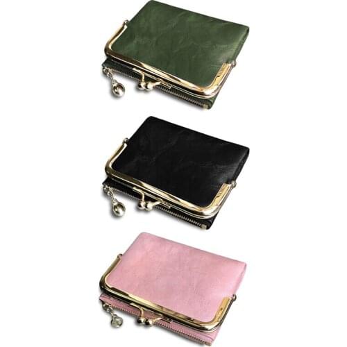 Womens Short Wallet Bifold Retro Multifunction Coin Purse with Zip and Kiss Lock