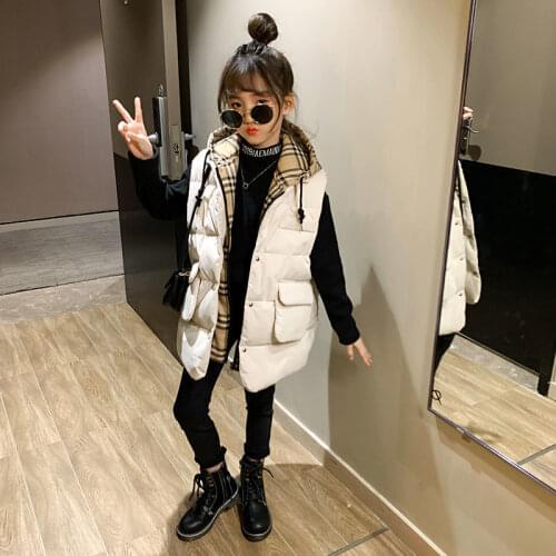 Winter Down Cotton Girl Outer Wear Vest Korean Fashion Mid-Length Hooded Zipper Fake Two-Piece Jacket Casual Childrens Clothing