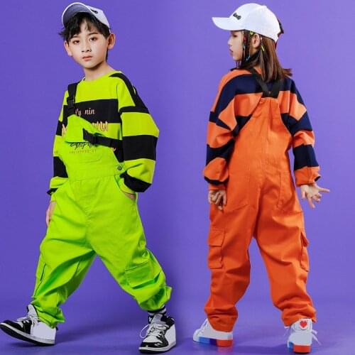 2021 ChildrenS Jazz Dance Costumes Girls Boys Loose Green Striped Hiphop Sets Performance Jumpsuit Boys Ballroom Outfits
