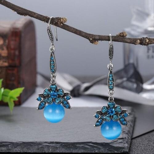 2021 New Vintage Luxury Rhinestone Flower Blue Opal Water Drop Earrings For Women Bride Wedding Jewelry Fashion Hook Earrings
