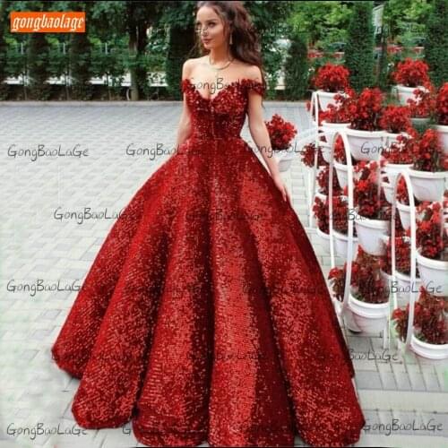 Sparkly Red Wedding Dress Lace Up Ball Gown 2021 Robe De Mariée Off Shoulder Bridal Gowns For Women Custom Made Vestido De Noiva