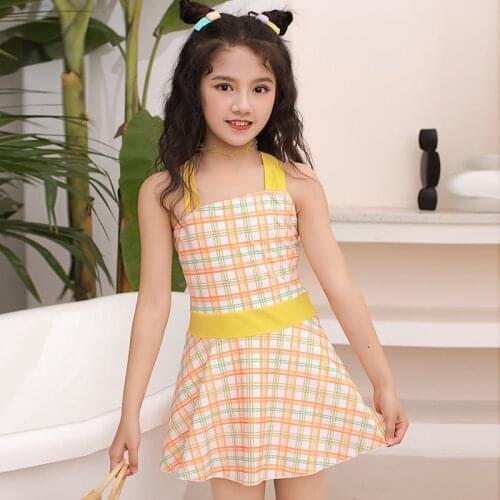 One Piece Children Swimsuit Plaid Without Sleeves Skirt Swimwear Girls Cute Kids Swimming Suit Big Girl Beachwear Bathing Suit