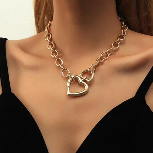 Lifefontier Gold Color Exaggerated Chain Love Heart Lock Necklace Unisex Hip Hop Rock Punk Couple Jewelry Valentines Day Gifts