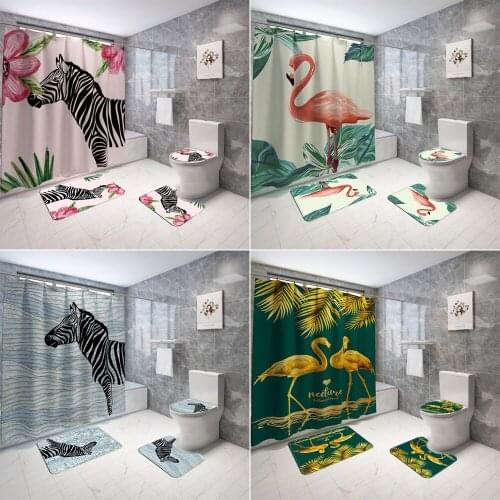 Flamingo Zebra Pattern Shower Curtain Bathroom Mats and Curtains Bath Mat Sets Bathtub Screen Toilet Lid Cover Rug Home Decor