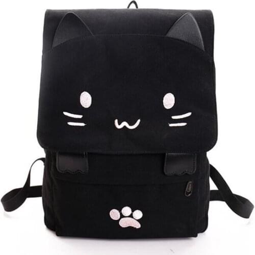 2021 Cute Cat Canvas Backpack Cartoon Embroidery Backpacks For Teenage Girls School Bag Casual Black Printing Rucksack Mochilas