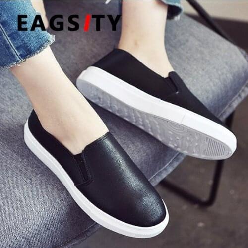 EAGSITY Penny Loafers For Women flats casual shoes slip on round toe sneaker soft outsole comfortable breathable black white