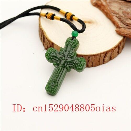 Natural Green Chinese Jade Cross Pendant Necklace Fashion Charm Jadeite Jewelry Carved Jesus Amulet Gifts for Women Men