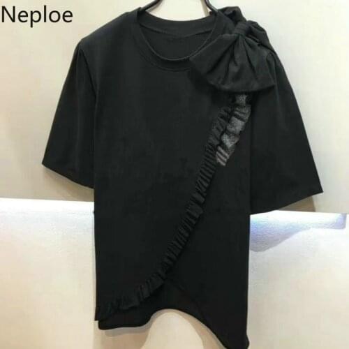 Neploe Bow Knot T Shirts Women 2021 Summer Korean Fashion Half Sleeve O Neck Female Tops Loose Casual Cotton Ladies Tees 1A027