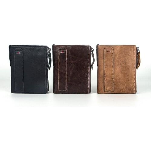 New genuine leather men wallet vintage style high quality short hasp double zipper wallets creative Oil wax cowhide purse