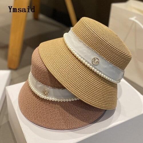 2021 New Womens Sun Hats Summer Elegant Pearl Bow Straw Hat Fashion Foldable Boater Hat Cap Holiday Audrey Hepburn Beach Hat