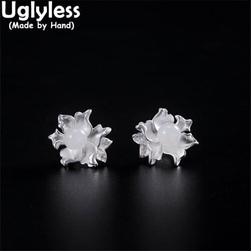 Uglyless Real 925 Silver Leaves Flowers Studs Earrings Women Hotan Jade Brincos Elegant Blooming Floral Jewelry Silver Bijoux