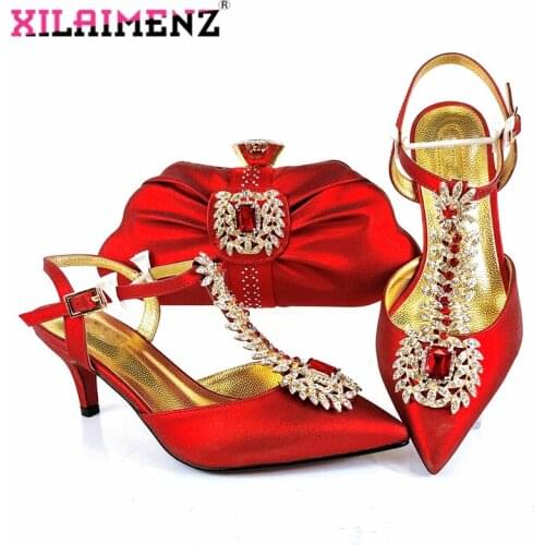 Decorate with Rhinestone Sandals in Red Color 2021 Special Design Italian Women Shoes and Bag Set for Christamas Party