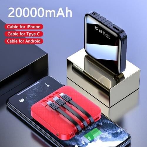 20000mAh Mini Powerbank Portable Charger Built in Cable External Battery Pack for iPhone Xiaomi Power Bank with Digital Display