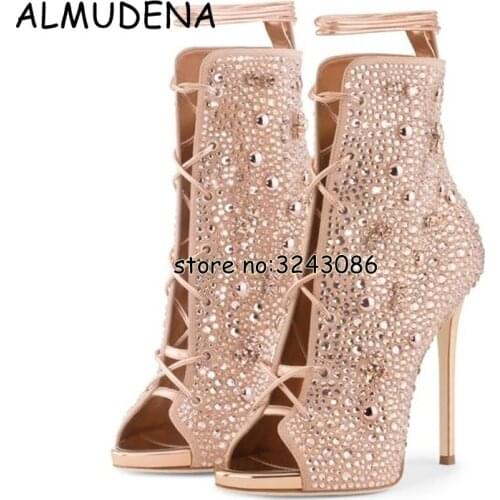 Lace Up Women Stiletto Rhinestone Ankle Booties Cut-outs Peep Toe Thin High Heels Boots Shoes Rome Style Sandals Boots Shoes